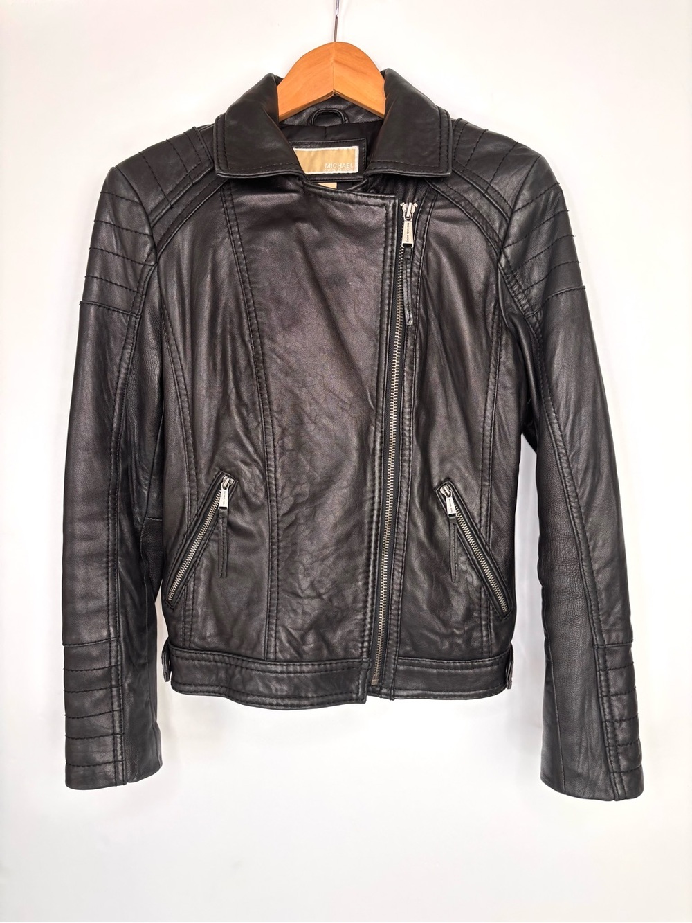 Michael Kors Black Leather Asymmetric Zip Moto Jacket M - Picture 11 of 11